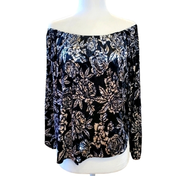 BILLABONG Women's Black/White Off Shoulder Velvet Top Sz Small - Picture 1 of 5